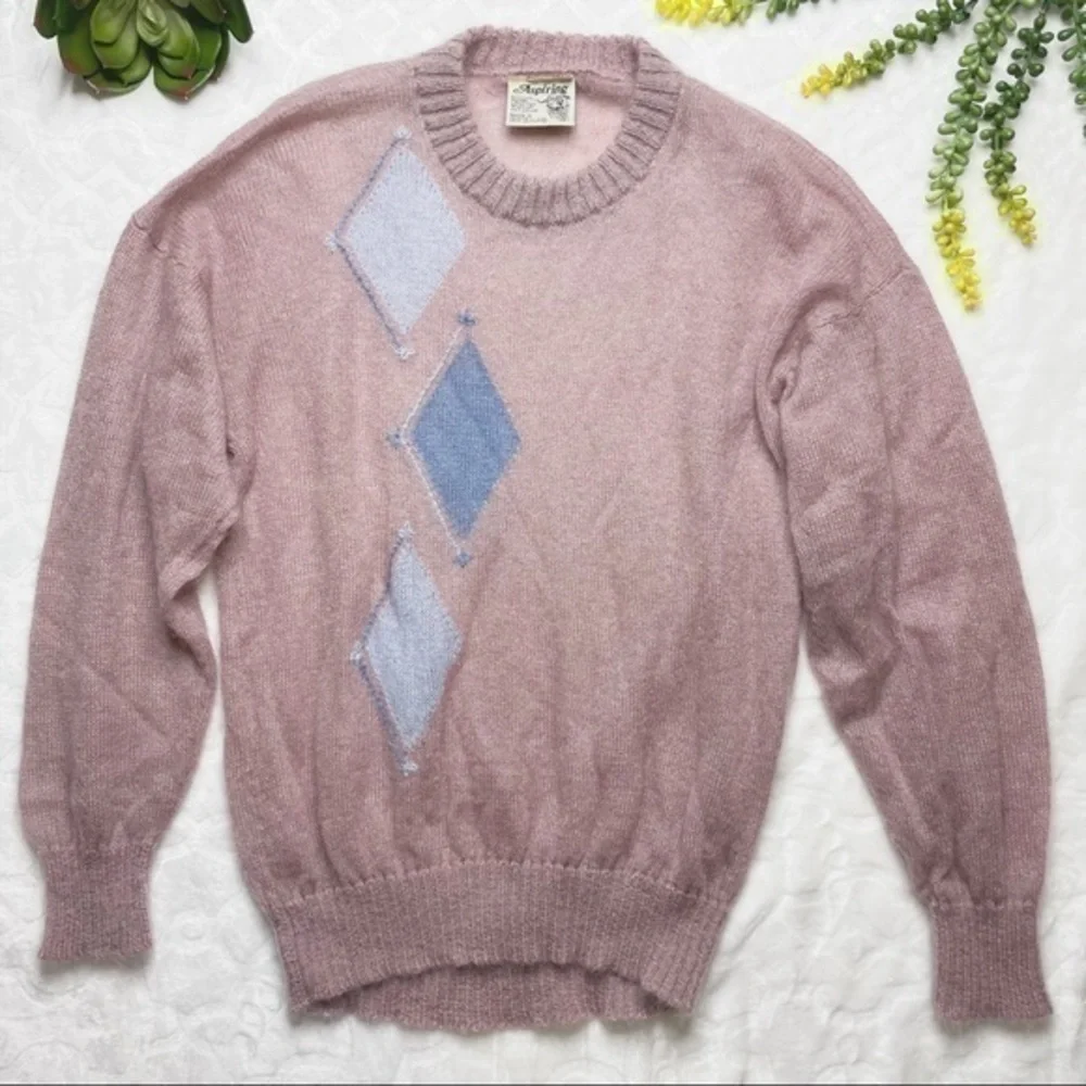 Vintage 80s Aspiring New Zealand Mohair Pullover Argyle Sweater Rapaki Mahana L